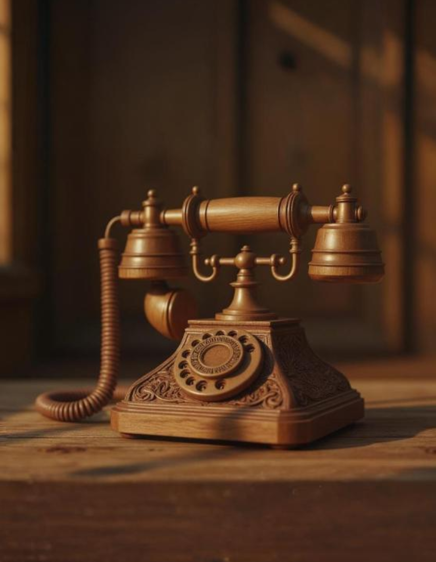 Diese Bild zeigt ein Holztelefon in antiker Optik