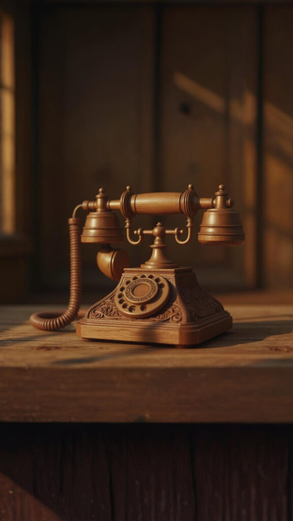 Diese Bild zeigt ein Holztelefon in antiker Optik