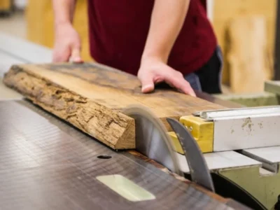 Kreativtischler Mitarbeiter schneidet Holz zu