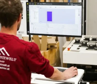 Kreativtischler Mitarbeiter arbeitet am Computer