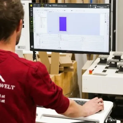 Kreativtischler Mitarbeiter berät via Computer